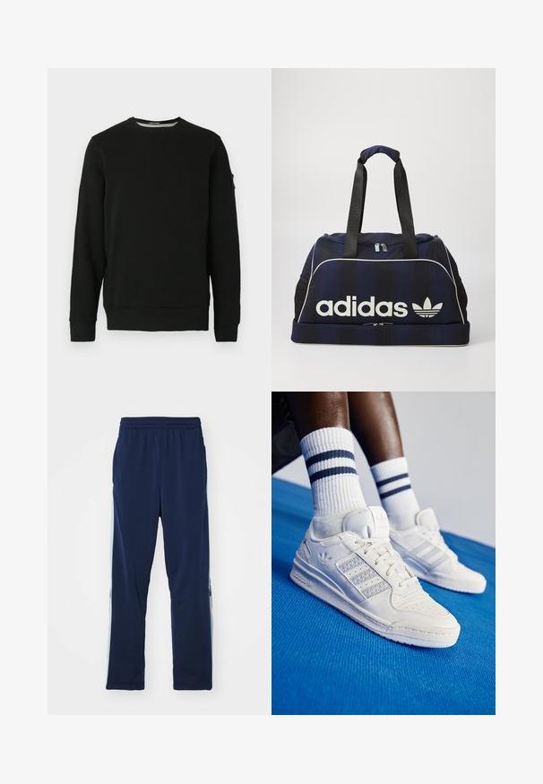 Zwarte ronde hals sweatshirt met lange mouwen, geribbelde boorden en zoom. Zacht materiaal met een label op de linkermouw en een minimalistisch ontwerp.; Marineblauwe sportbroek gemaakt van rekbare stof, met een brede elastische tailleband, rechte snit en lichte zijpaneelaccenten met logo's.; Witte leren sneakers met geperforeerde accenten, drie metalen strepen en een textuurpanel aan de zijkant. Draagt met witte sokken met blauwe strepen.; Marine duffeltas met het witte Adidas-logo, voorzien van een ritssluiting aan de bovenkant, twee stevige zwarte handvatten en zijvakken van mesh. Gladde stoftextuur.
