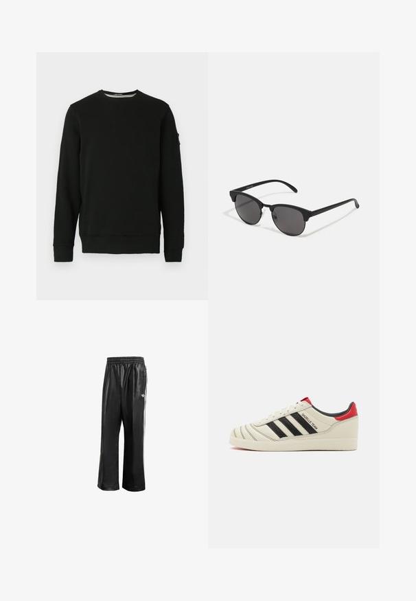 Melns puloveris ar garām piedurknēm, ar ribotām piedurknēm un apakšmalu. Mīksta auduma, ar birku kreisajā piedurknē un minimālistisku dizainu.; Melnas sintētiskas sporta bikses ar elastīgu jostasvietu, ar baltām sānu svītrām un mazu baltu logo kreisajā gurnā.; Krēmkrāsas ādas kedas ar melnām svītrām, sarkanu papēža akcentu un teksturētām detaļām. Aprīkotas ar gumijas zoli un auklīšu aizdari.; Melnas saules brilles ar apaļām lēcām, matēta apdare un izteiksmīga kaķa acu forma. Šaurās kājiņas ar Discreto zīmolu uz kreisā tempļa.