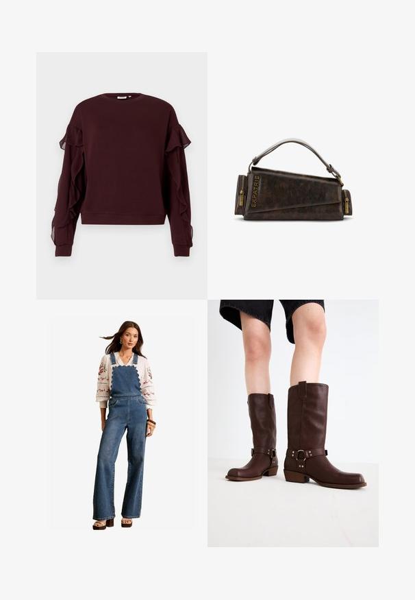 Donker bordeaux lange mouwen sweatshirt met doorzichtige ruches langs de mouwen en geribbelde manchetten en onderkant.; Denim tuinbroeken met een geschulpte rand aan de bib, flared benen en zijzakken. Gecombineerd met een witte geborduurde blouse en houten accessoires.; Bruine leren kniehoge laarzen met een ronde neus, gestructureerd oppervlak, enkelriem en zilveren hardware-detail; opgestapelde hak.; Bruine leren handtas met een geometrisch ontwerp, voorzien van een bovenhandvat en messing ritsaccenten. Logo is aan de zijkant ingebrand.