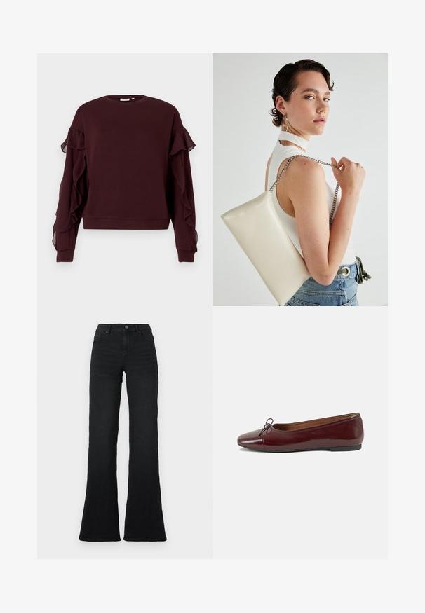 Tmavoburgundové dlhé rukávy mikina s priesvitnými volánikmi na rukávoch a rebrovanými manžetami a spodným okrajom.; Čierne vysoké rozšírené džínsy s prednými vreckami, pútkami na opasok a zapínaním na gombík na bielom pozadí.; Burgundské lakované balerínky s okrúhlou špičkou, malou mašľou na prednej strane a nízkou čiernou gumovou podrážkou. Hladký povrch.; Biely obdĺžnikový kabelka z lesklého materiálu s strieborným reťazovým popruhom. Model predvádza kabelku na jednotnom pozadí.