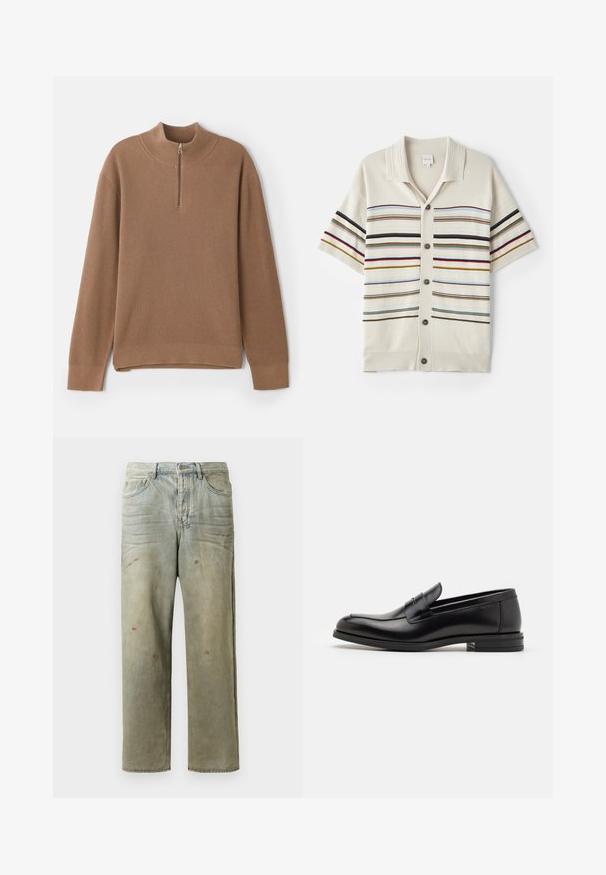 Rudas perkeliamas megztinis su aukšta apykakle ir pusiau užtrauktuku. Yra ilgos rankovės ir tiesus sijonas su šoninėmis įpjovomis, kad būtų lengviau judėti.; Trumpas rankovės, kreminės spalvos megztinis su mygtukų uždarymu, kuriame yra horizontalios juostos įvairiomis spalvomis ir smulkinta apykaklė bei rankogaliai.; Šviesiai žaliai nuvarytos džinsinės kelnes, su tiesiomis kojomis, penkių kišenių dizainu, nelygiai blukščiantis ir su dažų lašeliais.; Juodos odinės loafers, turinčios lygų paviršių, apvalią noselę ir dekoratyvinę juostą per priekinę dalį. Žemas krentantis kulnas, minimalistinis dizainas.