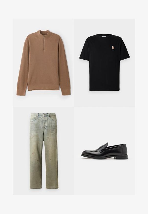 Pulover ribbed maro cu guler înalt și închidere cu fermoar pe jumătate. Are mâneci lungi și un tiv drept cu deschideri laterale pentru confort în mișcare.; Tricou negru cu mânecă scurtă și guler rotund, având un mic logo brodat cu o vulpe portocalie pe partea stângă a pieptului.; Jeans din denim uzat, de culoare verde deschis, cu un croi drept, design cu cinci buzunare, și decolorare inegală cu stropi de vopsea.; Mocasini din piele neagră cu o textură netedă, vârf rotund și o curea decorativă peste partea superioară. Toc mic, design minimalist.