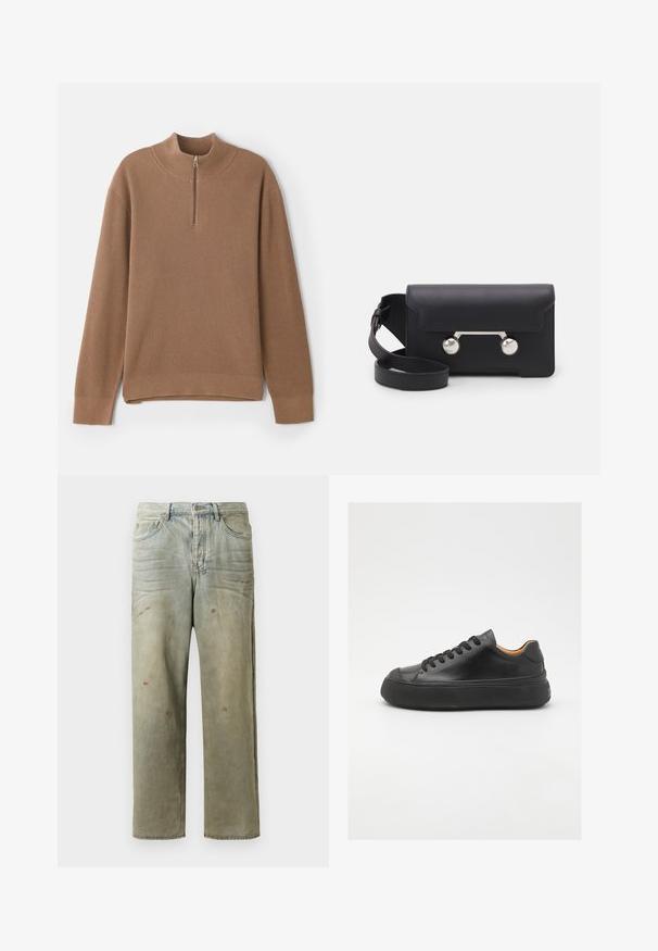 Pullover marrone a coste con colletto alto e chiusura a mezza zip. Caratterizzato da maniche lunghe e orlo dritto con spacchi laterali per facilitare i movimenti.; Jeans in denim strappato di colore verde chiaro, con gamba dritta, design a cinque tasche, sbiaditure irregolari e schizzi di vernice.; Sneaker in pelle nera con punta tonda, allacciatura frontale, superficie liscia, suola in gomma spessa e interno a contrasto color nocciola.; Borsa a tracolla in pelle nera con chiusura a patta, hardware in tonalità argento e due accenti tondi. Dotata di una tracolla removibile. Texture liscia.