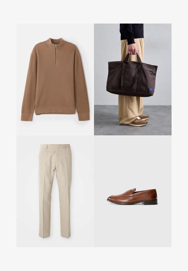 Hnedý ryhovaný pulóver s vysokým golierom a polozipsovým uzáverom. Obsahuje dlhé rukávy a rovný lem so bočnými rozparkomi pre ľahkosť pohybu.; Béžové šité nohavice z textúrovanej látky, s plochým predným dielom, rovnými nohavicami a tradičným pásom s pútkami na opasok.; Hnedé kožené mokasíny s okrúhlou špičkou, minimálnym prešívaním a nízkym blokovým podpätkom. Obsahujú dekoratívny remienok naprieč hornou časťou.; Hnedá nylonová taška cez rameno s dvoma rúčkami, so zipsom a modrou nášivkou. Hladká textúra, štruktúrovaný dizajn, priestranný interiér.