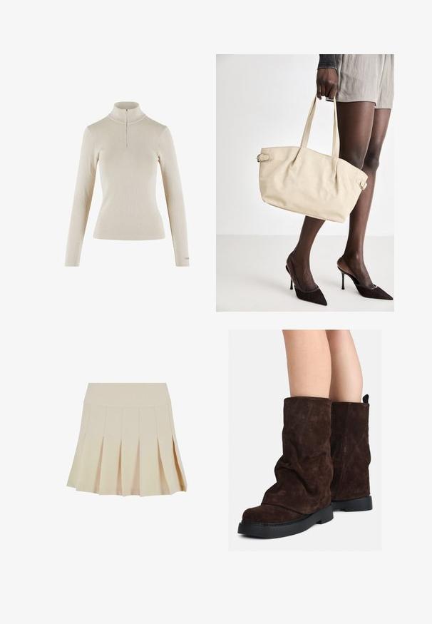 Svijetlosmeđi dugih rukava majica s visokim ovratnikom napravljena od rebrastog materijala, s četvrtim ziperom na vratu i uskim krojem.; Bež suknja s nabranim detaljima i prilagođenim pojasom, izrađena od glatkog materijala. Sadrži višestruke vertikalne nabore i ravni donji rub.; Smeđe nubuk čizme srednje dužine s crnim gumenim potplatima, nošene na golim nogama, s blagim naborima na okovima čizama.; Bež torba s glatkom kožnom površinom, strukturiranog oblika, s dva ručka i bočnim detaljima od kopče. Uparena s elegantnim crnim potplatima.; Kremasta podstavljena trakica za glavu s uvijenim dizajnom, uparen s bež i bijelom prugastom majicom s okruglim izrezom. Suptilni dodaci nakita.