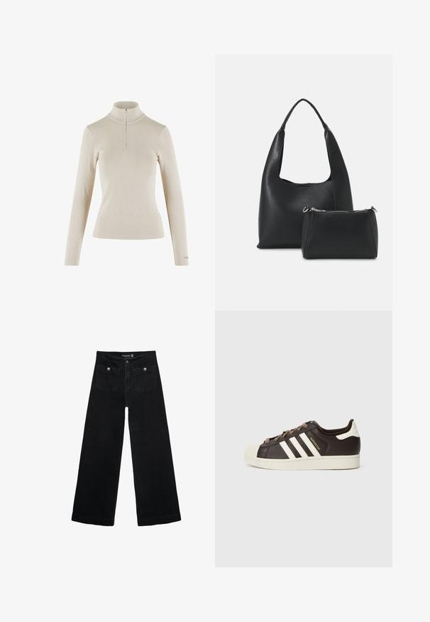 Svetlá béžová dlhá turtleneck s dlhým rukávom vyrobená z rebrovanej tkaniny, s štvrťovým zipsom na krku a priliehavým strihom.; Čierne široké nohavice s vysokým pásom, s dvoma prednými vreckami a kovovými detailmi na gombíku. Tkanina má hladkú textúru.; Nízke tenisky Adidas Superstar z tmavohnedej kože s béžovou špičkou, bielymi pruhmi a nápisom „Superstar“ na boku.; Even&Odd Kabelka - black