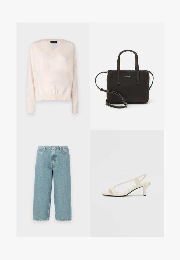 Repeat Maglione - pearl; Shorts in denim azzurro chiaro con vita alta, taglio dritto e orlo grezzo. Presentano una chiusura classica con bottone e zip, quattro tasche.; Sandali con tacco a blocco beige, con sottili cinturini e punta quadrata. Materiale liscio con dettagli minimi, progettati per un facile utilizzo.; Borsa nera con doppi manici corti e tracolla removibile. Materiale simile alla pelle liscia con chiusura a zip e dettaglio del logo.