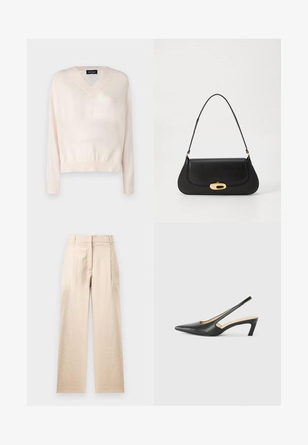 Repeat Pullover - pearl; Pantalon beige en tissu lisse. Présente une coupe droite, un devant plat et deux plis. Sans motifs visibles ni accessoires.; Slingback noir à bout pointu avec un petit talon, en cuir lisse et doté d'un design découpé sur le côté pour plus de respirabilité.; Sac à main en cuir noir avec un design incurvé, matériel doré et une poignée sur le dessus. Présente une fermeture élégante et une texture lisse.