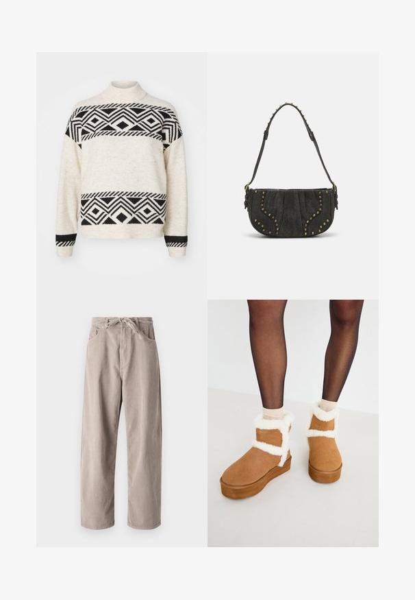 Pletena pulover majica v kremni barvi z geometrijskimi črnimi vzorci, visokim ovratnikom in rebrastimi manšetami. Mehka tekstura z kontrastnimi črnimi črtami.; Beige kordurojske hlače s sproščenim krojem, ki imajo vrvico za prilagajanje pasu, dva sprednja žepa in vertikalno rebrasto teksturo.; Rjavi semišankle čevlji z belim umetnim krznom in platformo, ki vključujejo zasnovo križne naramnice. Gladka tekstura in zaobljen nos.; Črna semiš torbica s ukrivljeno zasnovo, opremljena z nitnimi poudarki in teksturirano površino. Nastavljiv trak z zakovicami vzdolž roba.; Srebrni uhani v obliki obročka s spiralnim dizajnom, ki imajo sijajno površino in zapiralo na zadnji strani. Mere znašajo približno 3 cm v premeru.