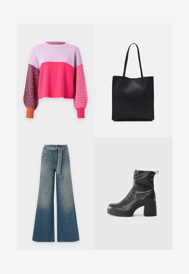 ONLY ONLHILLA MIX BOX O NECK - Maglione - raspberry sorbet; Pantaloni in denim a gamba larga con una sfumatura che va dal blu chiaro al blu scuro, vita alta, passanti per cintura e una cintura in tessuto coordinato. Finitura in denim strutturato.; Stivali neri alla caviglia in pelle liscia, con zip laterale, tacco spesso e texture, e punta arrotondata.; Borsa tote in pelle nera con texture liscia, forma rettangolare e due manici lunghi. Nessun hardware o decorazione visibile.