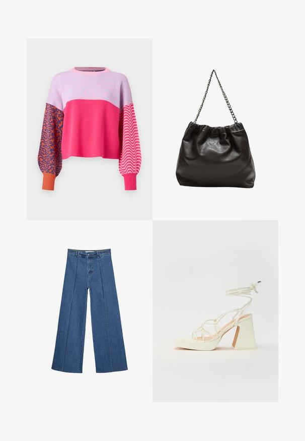 ONLY ONLHILLA MIX BOX O NECK - Pulover - raspberry sorbet; Jeans širokih nogavic v srednji modri barvi, z visokim pasom, gumbom in kontrastnimi navpičnimi šivi spredaj.; Bela sandala na visokih petah s debelim petam, ki ima obliko trakcev in vezanje okoli gležnja. Gladka tekstura z platformo spredaj za dodatno višino.; Rjava usnjena torba z nabranim vrhom in verižnim trakom. Gladka tekstura z sijajno površino in subtilnimi šivi na straneh.