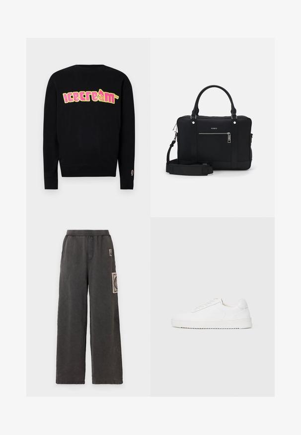 Felpa nera con una grafica colorata "gelato" in giallo e rosa. Presenta un colletto e polsini a coste, con una piccola icona di gelato sulla manica.; Pantaloni a gamba larga in tessuto grigio scuro, con una patch decorativa sulla tasca anteriore e una vita elastica per il massimo comfort.; Sneaker bianco con tomaia in pelle liscia, punta rotonda, lacci, accenti laterali testurizzati e suola in gomma spessa. Design minimalista.; Borsa a tote sintetica nera con due manici, tracolla rimovibile, tasca frontale con zip e dettagli in metallo argentato.