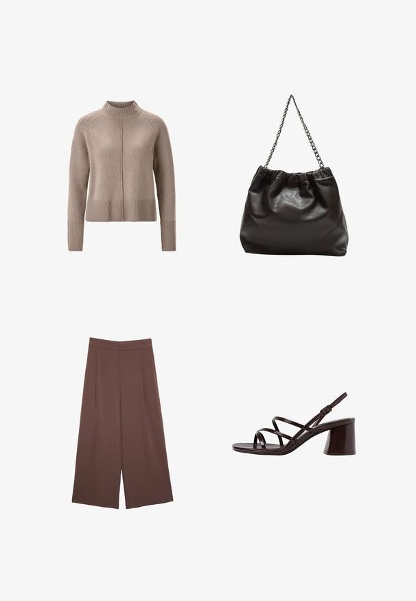 Pull en maille beige avec un col montant, ourlet et poignets côtelés, présentant des détails minimalistes le long des épaules. Texture douce, coupe décontractée.; Pantalons larges marron avec une texture lisse, dotés d'une taille haute et de plis à l'avant. Le tissu est léger et tombe de manière fluide.; Sandale à talons hauts marron avec des brides, dotée d'un talon épais, affichant une finition lisse et brillante avec plusieurs brides croisées sur le dessus.; Sac en cuir marron avec un haut froncé et une bandoulière en chaîne. Texture lisse avec une finition brillante et des coutures subtiles sur les côtés.