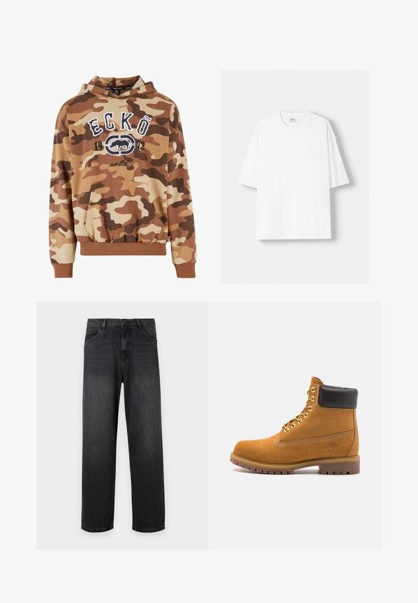 Hanorac maro cu camuflaj, dotat cu un buzunar frontal, manșete elastice și tiv. Prezintă text grafic alb "ECKŌ 1972" și un design cu logo. Textură de material moale.; Tricou alb cu mânecă scurtă, confecționat din bumbac, cu un decolteu rotund și o croială lejeră. Textură netedă, fără modele sau accente vizibile.; Jeans negri din denim, cu croială dreaptă, cu fermoar, cinci buzunare și detalii subtile de decolorare pe material.; Cizmă de gleznă din întoarsă de culoare bej, cu guler negru căptușit, ochiuri din metal auriu, detalii de cusătură albă și talpă din cauciuc robustă, cu un model pronunțat.