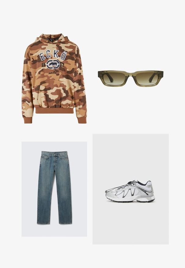 Felpa con cappuccio mimetica marrone, dotata di tasca frontale, polsini ed orlo elasticizzati. Presenta il testo grafico bianco "ECKŌ 1972" e un design del logo. Tessuto morbido.; Jeans in denim dritto blu con tasche anteriori e per monete, passanti per cintura e chiusura con bottone metallico su uno sfondo neutro.; Scarpe atletiche bianche con tomaia in mesh, dettagli neri, suola in gomma texturizzata e sistema di allacciatura elastico. Leggere e dal design moderno.; Occhiali da sole con gradiente marrone, forma rettangolare, montatura spessa e robusta e aste nere. Il materiale trasparente marrone conferisce profondità.