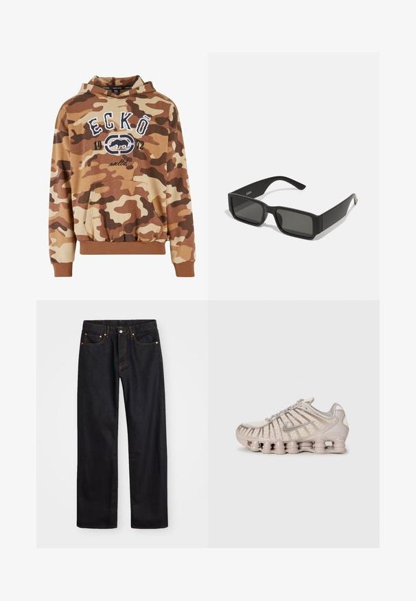Hnedý maskáčový mikina s predným vreckom, elastickými manžetami a lemom. Obsahuje biele grafické písmená "ECKŌ 1972" a dizajn loga. Mäkkučký textilný povrch.; Pánske rovné čierne riflové nohavice s piatimi vreckami a oranžovým prešívaním, s gombíkom a zipsom na prednom páse.; Svetlo béžová športová obuv s textilným zvrškom, štruktúrovaným dizajnom a charakteristickou vystuženou podrážkou s cylindrickými časťami.; Čierne slnečné okuliare s obdĺžnikovými šošovkami, matný plastový rám a rovné hrany. Obsahujú logo značky na vnútornej strane ramenka.