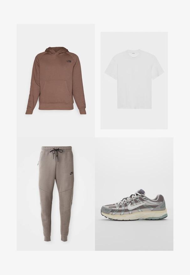 Sudadera marrón con un bolsillo frontal, capucha ajustable con cordón y un logo negro en el lado izquierdo del pecho. Fabricada con un tejido suave y texturizado.; Camiseta de algodón blanca de manga corta, cuello redondo y un corte relajado. Textura suave y sin patrones ni acentos visibles.; Pantalones de chándal grises de Nike con cintura ajustable, piernas ajustadas, bolsillos laterales y costuras distintivas. Tejido suave y texturizado.; Zapatilla deportiva gris con parte superior de malla y ante, acentos blancos, suela acolchada y un diseño distintivo con elementos reflectantes.