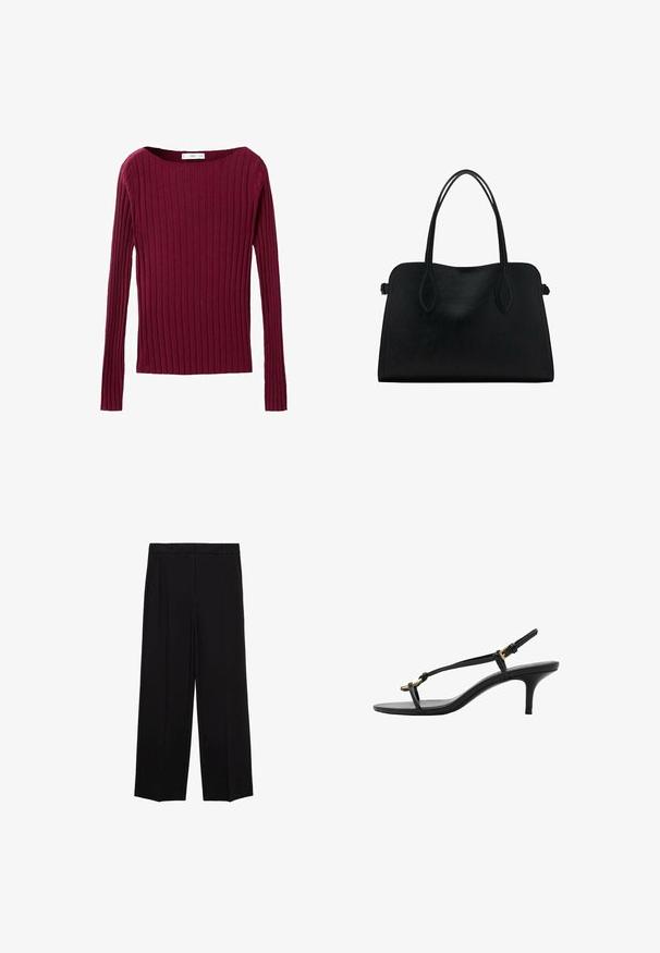 Burgundowy, prążkowany top z długim rękawem i szerokim dekoltem, dopasowany do sylwetki, wykonany z miękkiego materiału dzianinowego.; Czarne spodnie o szerokich nogawkach z gładkiego materiału, z plisami z przodu i bocznymi kieszeniami, zaprojektowane w prostym, luźnym kroju.; Czarne skórzane sandały na koturnie z cienkimi paskami, złotą klamrą i minimalistycznym pętelką na palce na białym tle.; Czarna skórzana torba na ramię z podwójnymi paskami, prostokątny kształt i minimalistyczny design na białym tle.