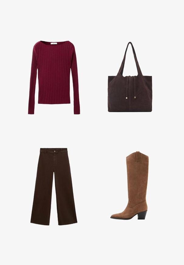 Top lung cu maneci lungi de culoare burgundy, cu un decolteu larg și o siluetă ajustată, realizat dintr-un material tricotat moale.; Pantaloni largi maro dintr-un amestec de bumbac, cu un tiv desfăcut, închidere cu buton frontal și un design clasic cu cinci buzunare. Minimalist și versatil.; Botă înaltă din suede maro, cu vârf ascuțit, toc înclinat și cusături decorative pe gambă. Textură netedă și design conic.; Mango Geantă de pânză - dark brown