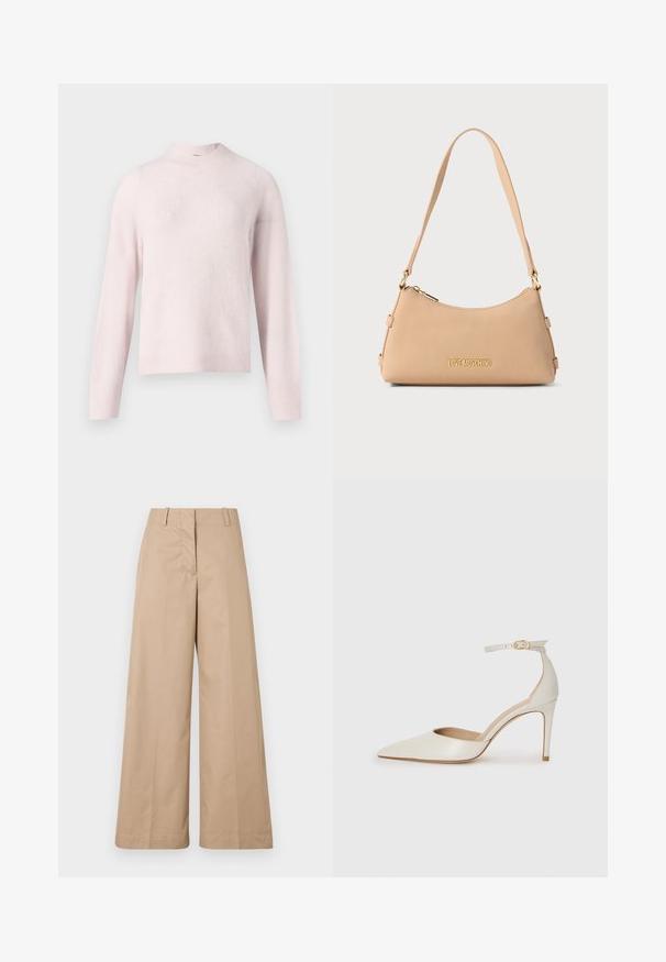 Hellrosa gestrickter Pullover mit hohem Kragen, langen Ärmeln und geripptem Muster. Legerer Schnitt mit einem einfachen, nahtlosen Design.; Beige weite Stoffhosen aus glattem Baumwollmaterial, mit tailliertem Bund und flachem Vorderteil, entworfen für eine entspannte Passform und klare Linien.; Weiße Leder-Pumps mit spitz zulaufender Zehe, Knöchelriemen und schlanker Stiletto-Absatz. Glatte Oberfläche mit dezent glänzendem Finish.; Beige Ledertasche mit goldenem Reißverschluss und goldener Schriftart "LOVE MOSCHINO", ausgestattet mit einem einzelnen Schulterriemen und einer geschwungenen oberen Kante.