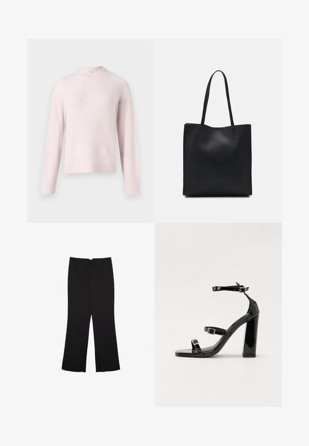 Jasnoróżowy, dziergany sweter z wysokim kołnierzem, długimi rękawami i prążkowaną fakturą. Swobodny krój o prostym, bezszwowym designie.; Czarne spodnie o prostym kroju, z przednimi kieszeniami i bocznymi rozcięciami na dole. Wykonane z miękkiego, gładkiego materiału. Odpowiednie na różne okazje.; Czarne lakierowane sandały na obcasie z kwadratowym noskiem, z paskami wokół kostki i srebrnymi klamrami. Posiadają masywny słupek dla stabilności.; Czarna skórzana torba tote o gładkiej fakturze, prostokątnym kształcie i dwóch długich uchwytach. Brak widocznych elementów metalowych i ozdób.