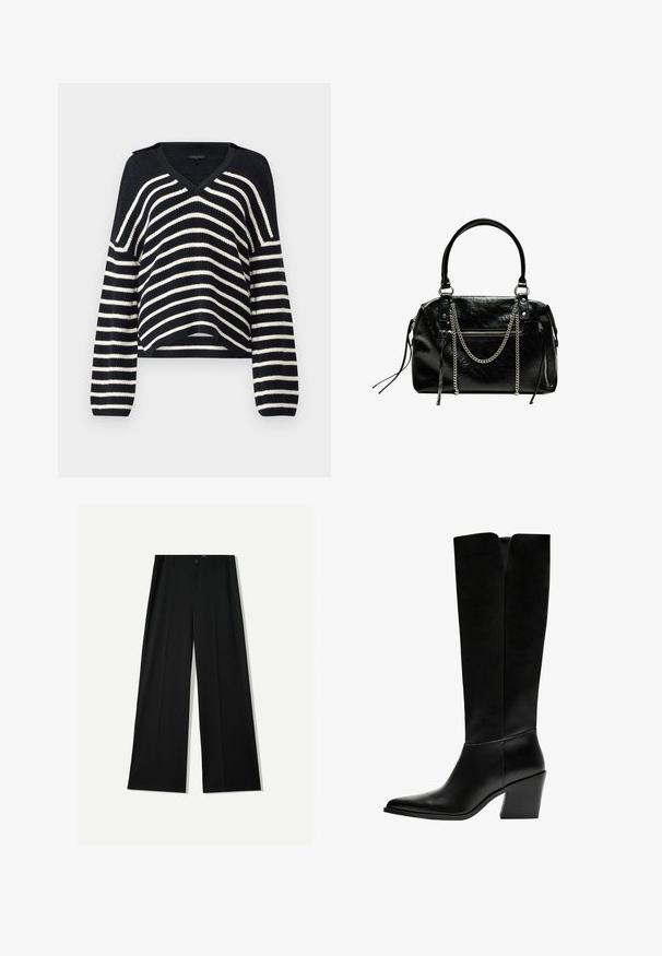 Maglione lavorato a maglia a righe blu navy e bianche con scollo a V, maniche lunghe e dettagli a maglia aperta sulle spalle. Lunghezza cropped con una vestibilità rilassata.; Bershka WIDE - Pantaloni - black; Stivali neri al ginocchio in pelle liscia, con punta appuntita, tacco a blocco e un'apertura a forma di V nella parte superiore.; Bershka WITH CHAIN - Borsa a mano - black