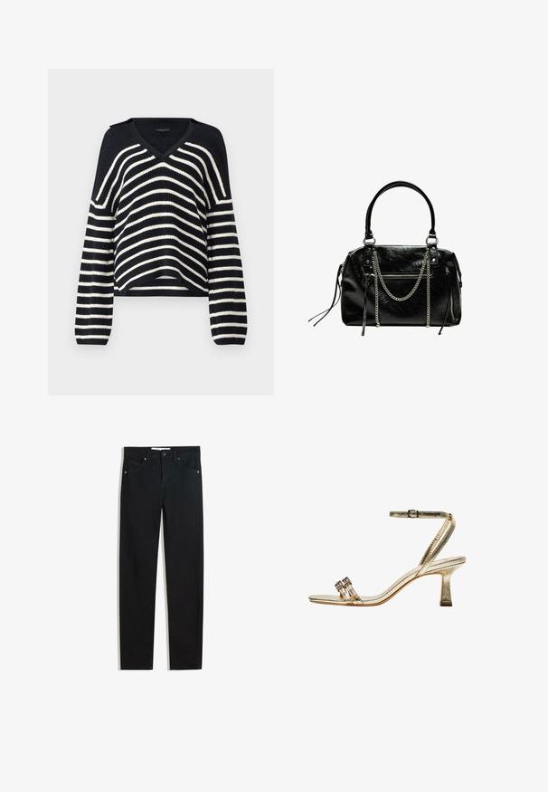 Maglione lavorato a maglia a righe blu navy e bianche con scollo a V, maniche lunghe e dettagli a maglia aperta sulle spalle. Lunghezza cropped con una vestibilità rilassata.; Pantaloni in denim nero con design a gamba dritta, cinque tasche, chiusura con bottone metallico e dettagli di cucitura sottili. Texture liscia.; Sandalo alto in metallo dorato con cinturino alla caviglia, due bande frontali strette e tacco a blocco. Presenta decorazioni ornamentali.; Bershka WITH CHAIN - Borsa a mano - black