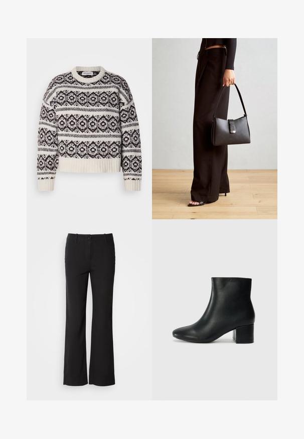 Adīta dūraiņu kreklā krēmkrāsā un tumši brūnā. Iezīmē ģeometrisku rakstu, ribu apkakli un apakšmalu, garas piedurknes un īsu griezumu.; Melni kokvilnas auduma bikses ar taisnu kāju dizainu, priekšējo pogu aizdari un divām sānu kabatām. Gluda tekstūra, bez redzamām rakstu zīmēm.; Melna ādas potīšu zābaki ar smailu purngalu un masīlu papēdi. Gluda tekstūra ar minimāliem akcentiem un gludu, pieguļošu dizainu.; Melnā somiņa ar strukturētu formu, gludu tekstūru un metālu sprādzi. Saskaņota ar platām melnām biksēm un sandālēm ar atvērtu purngalu uz koka grīdas.