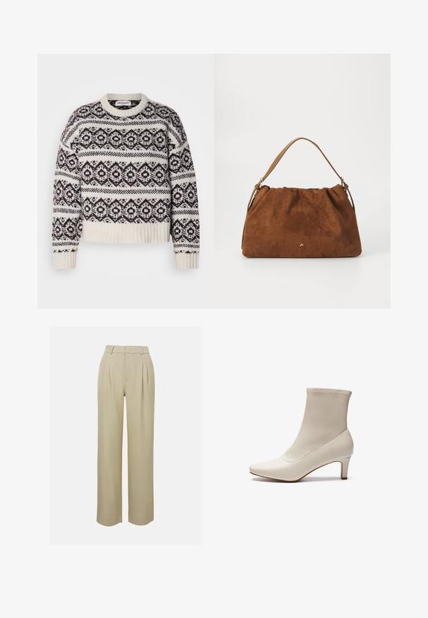 Maglione lavorato a maglia in crema e marrone scuro. Presenta un motivo geometrico, collo e orlo a coste, maniche lunghe e una veste corta.; Pantaloni beige a gamba larga realizzati in tessuto morbido, con pieghe frontali, vita su misura e tasche laterali. Orlo pulito.; Stivaletto bianco alla caviglia in pelle liscia con punta affusolata e tacco corto e affusolato. Presenta un design minimalista e una parte superiore senza cuciture.; Borsa in suede marrone con un design arricciato, dotata di una singola tracolla in pelle beige e di un sottile logo dorato dettagliato sulla parte anteriore.