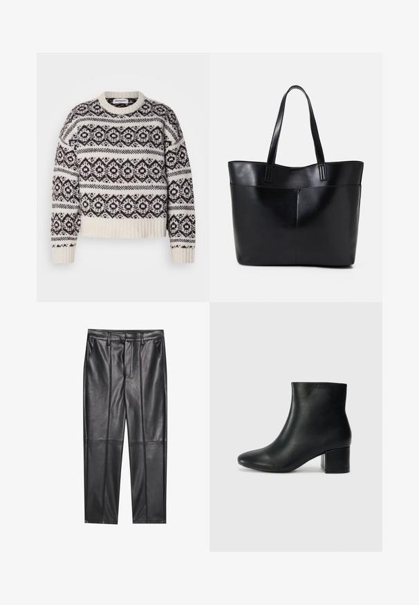 Pulôver tricotado em creme e castanho escuro. Apresenta um padrão geométrico, gola e bainha caneladas, mangas longas e um corte curto.; Calças de pele preta com uma textura suave, apresentando um ajuste reto, dois bolsos frontais e detalhes de costura visíveis.; Botas de tornozelo em pele preta com bico pontiagudo e um salto robusto. Textura suave com acentos mínimos e um design ajustado e elegante.; Bolsa tote preta em couro com duas alças longas, textura suave e forma estruturada. Apresenta um bolso frontal para armazenamento adicional.