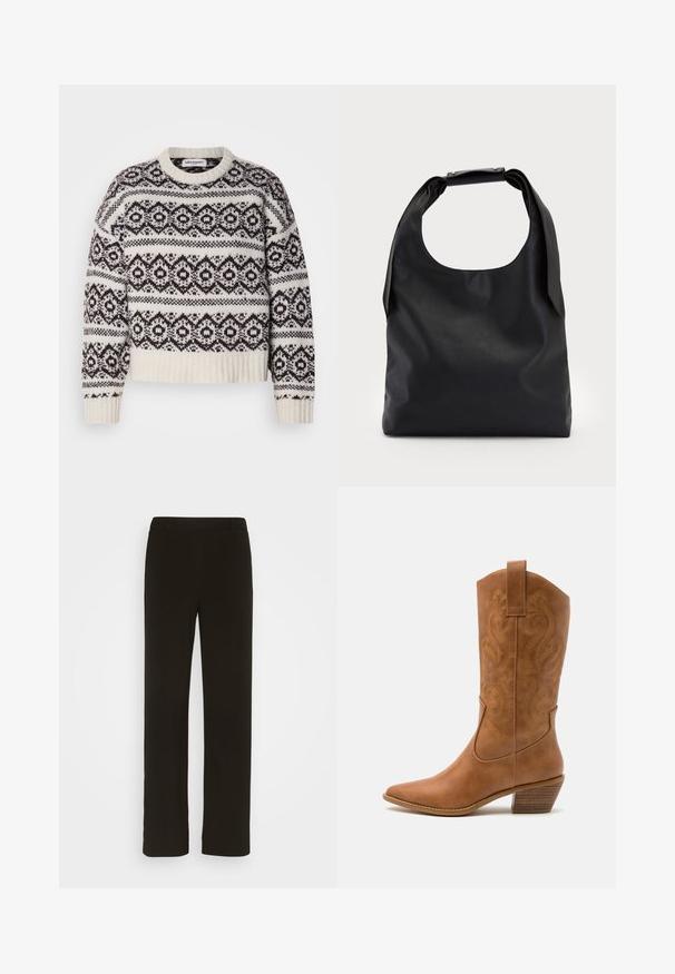 Kootud sviiter kreemjas ja tumepruunis. Omab geomeetrilist mustrit, soonikkoes kaelust ja äärt, pikki varrukasid ning lühikest lõike.; Mustad, sirged jalad, mis on valmistatud kootud kangast, millel on lame esiosa, kaks külgtaskut ja sile tekstuur. Ilma nähtavate mustrite või aktsentideta.; Kohvitooni nahast cowboy-kork, millel on terav varvas, tikitud keerised varrel ja virnastatud ploki konts. Omab tõmbeava, et seda oleks lihtne jalga panna.; Must коммерcный кott sa больше, с хорошоииr rAlpha-gaind да спинай ониигякца; и Storeup вocusedайфиқатяk санжинг ын ал trustだ রতাє  적에и