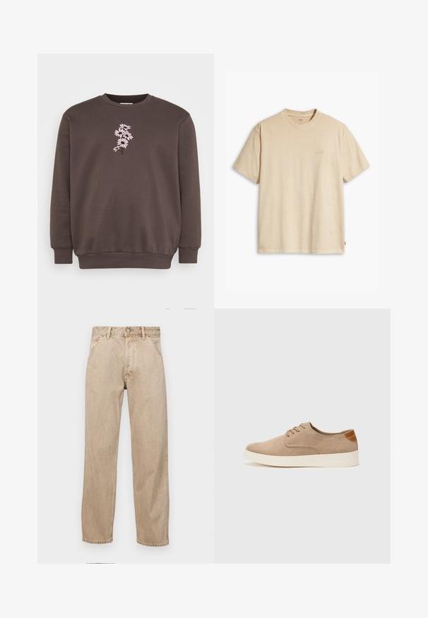 Sudadera marrón con cuello redondo y mangas largas. Presenta un diseño de bordado floral rosa en la parte frontal, tejido texturizado y puños acanalados.; Camiseta de algodón beige con cuello redondo y mangas cortas. Presenta un sutil logotipo de "Levi's" en el mismo color en el pecho. Textura suave.; Jeans de mezclilla beige con un diseño de pierna recta, que cuentan con bolsillos frontales, cierre de botón de metal y una textura sutil.; Zapatillas de ante beige con puntera redondeada, cordones en la parte delantera y un acento texturizado en la parte trasera. La suela de goma blanca proporciona contraste. Diseño sencillo y moderno.