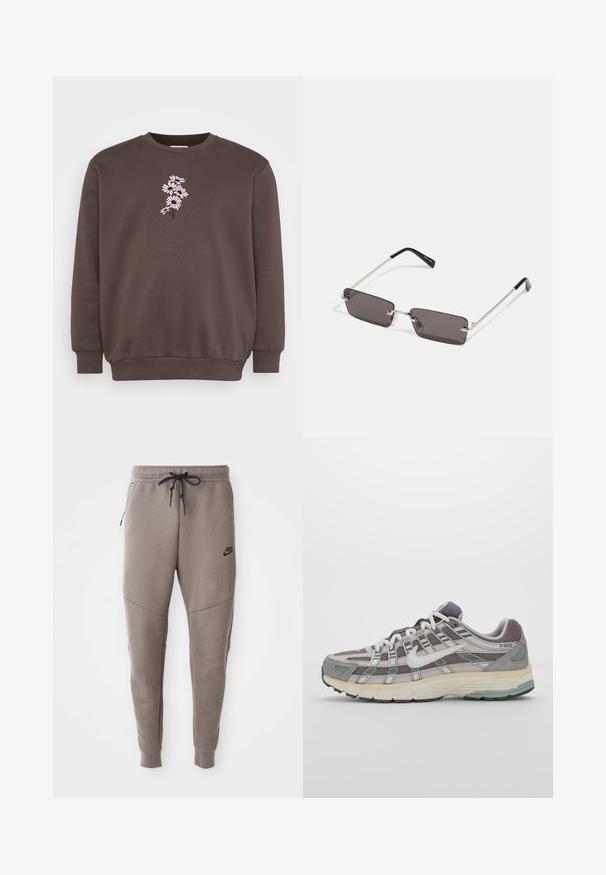 Brun sweatshirt med rund hals og lange ærmer. Har et pink blomsterbroderi design på forsiden, tekstureret stof og ribbede cuffs.; Grå Nike joggingbukser med snoretræk i taljen, tapered ben, sidelommer og markante sømdetaljer. Blødt, struktureret stof.; Grå sportssko med overdel i mesh og ruskind, hvide accenter, en polstret sål og et særpræget design med reflekterende elementer.; Solbriller med rektangulære, mørke grå linser, sølv metalrammer og sorte plastiks spidser på stængerne. Letvægtsdesign med næsepuder.