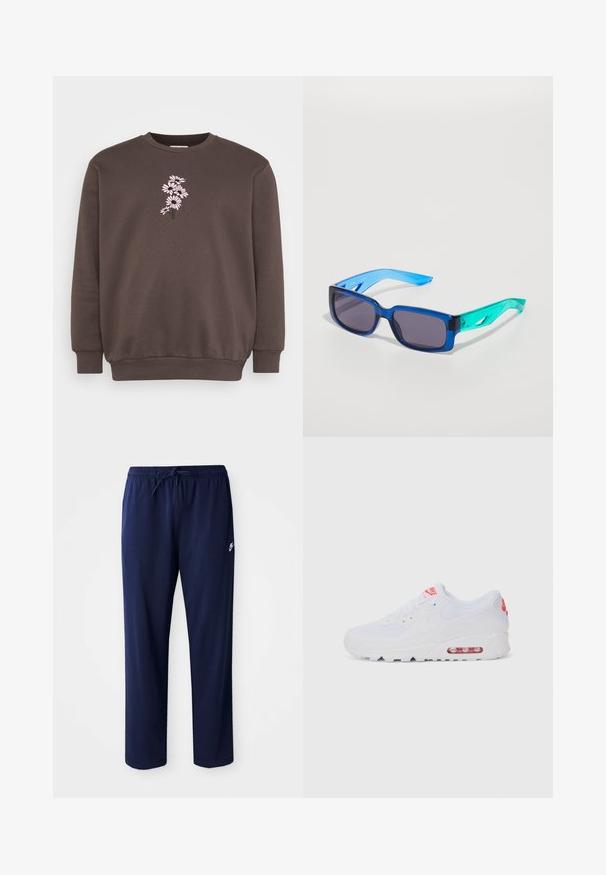 Ruda džemperis su apvalia apykakle ir ilgomis rankovėmis. Papuoštas rožiniu gėlių siuvinėjimu priekyje, tekstūruota medžiaga ir raukšlėtos rankogaliai.; Jūrų mėlynos, lengvos sportinės kelnės, pagamintos iš medvilnės mišinio. Yra raištelių juosmuo ir mažas logotipas kairėje pusėje.; Baltos sportinės sneaker'iai, turintys lygų paviršių, raištelių uždarymą, paminkštintą padą ir matomą oro vienetą su raudonomis akcentais ant prekės ženklo.; Mėlynos ir žalios saulės akinių su stačiakampiais lęšiais; skaidrūs rėmeliai; tekstūruoti mėlyni akinių kojos; tamsūs lęšiai; pastebimas logotipas šone.