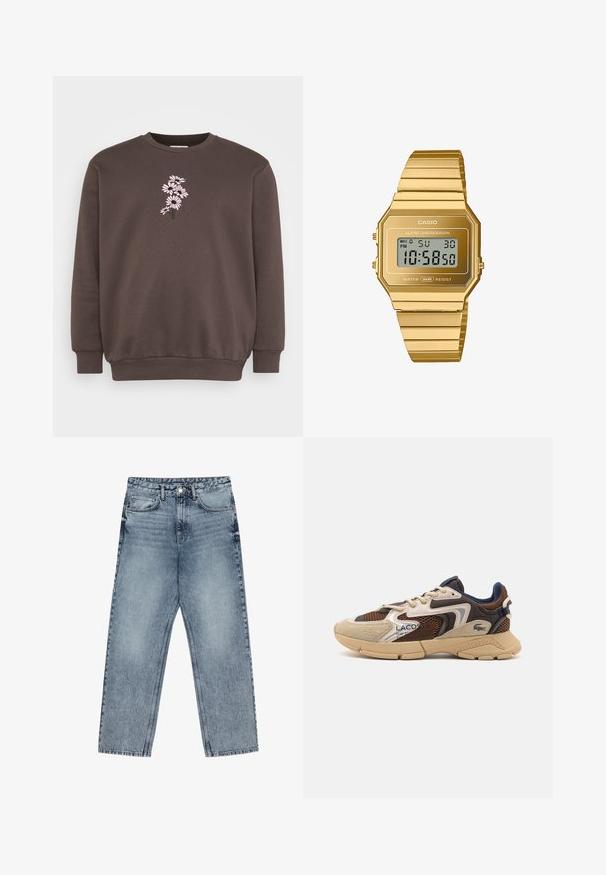 Hnědá mikina s kulatým výstřihem a dlouhými rukávy. Na přední straně je zdobena růžovou květinovou výšivkou, má texturovanou látku a žebrované manžety.; Světle modré džíny z denimu se střihom rovnými nohavicemi, viditelným šitím, designem s pěti kapsami a knoflíkovým zapínáním v pase.; Béžové a hnědé tenisky s texturovanými síťovinovými panely, akcenty z semiše a gumovou podrážkou. Mají šněrovací design a značkové detaily.; Digitální hodinky Casio s osmiúhelníkovým pouzdrem z pozlacené nerezové oceli a náramkem, vybavené LCD displejem, alarmem a voděodolností.