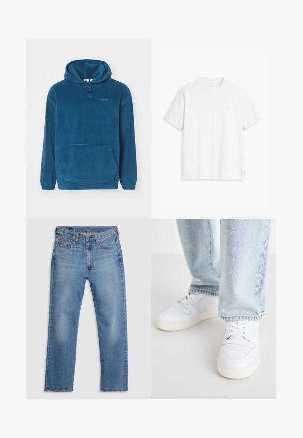 Niebieska polarowa bluza z kapturem, z kieszenią typu kangur i regulowanym kapturem. Rękawy z elastycznymi mankietami. Posiada subtelną naszywkę z logo na klatce piersiowej.; Biała bawełniana koszulka z krótkim rękawem, okrągłym dekoltem i dyskretnym logo Levi's nadrukowanym na środku. Miękka tekstura i standardowy krój.; Niebieskie dżinsy typu straight-leg z przodem na guzik i zamek, z paskiem i pięcioma kieszeniami na białym tle.; Białe skórzane sneakersy niskie z perforowanym noskiem, płaskimi sznurowadłami i minimalistycznym designem. Połączone z jasnoniebieskimi dżinsami.