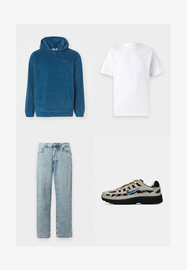 Blauer Fleece-Hoodie mit Kängurutasche, verstellbarem Kordelzug und elastischen Bündchen. Verfügt über ein dezentes Logo auf der Brust.; Weißes kurzärmeliges T-Shirt aus Baumwolle mit Rundhalsausschnitt, das eine glatte Textur und ein einfaches Design ohne Muster oder Akzente aufweist.; Hellblaue gerade geschnittene Jeans aus Denim mit einem Knopf- und Reißverschluss, Vordertaschen und dezentem verblasstem Finish.; Beige und schwarze Nike P-6000 Sneaker mit blauen Swoosh, gelben Schnürsenkeln, schwarzem Profil und Cordura-Gewebelabel an der Ferse.