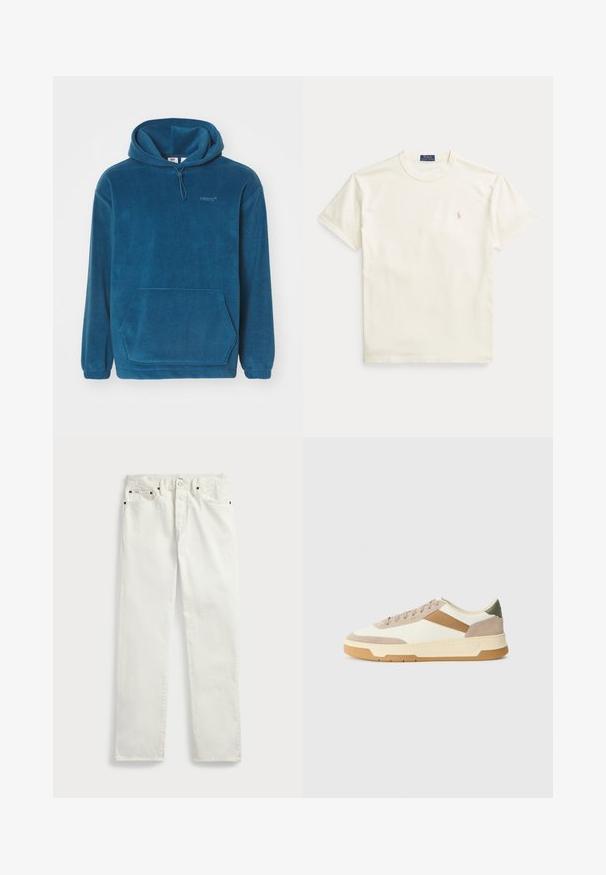 Plava flis dukserica s kengur đepom, podesivom kapuljačom i elastičnim rukavima. Ima diskretni logo na prsima.; Pamučna majica krem boje s kratkim rukavima. Ima diskretan izvezeni logo na lijevoj strani prsa i okrugli izrez oko vrata.; Bijele traperice s ravnim krojem, s pet džepova, metalnim gumbima i dekorativnim šavovima duž šavova. Glatka tekstura.; Tenisice u bež, krem i maslinasto zelenoj boji, izrađene od antilopa i kože, s okruglim vrhom, minimalističkim dizajnom i gumenim đonom.
