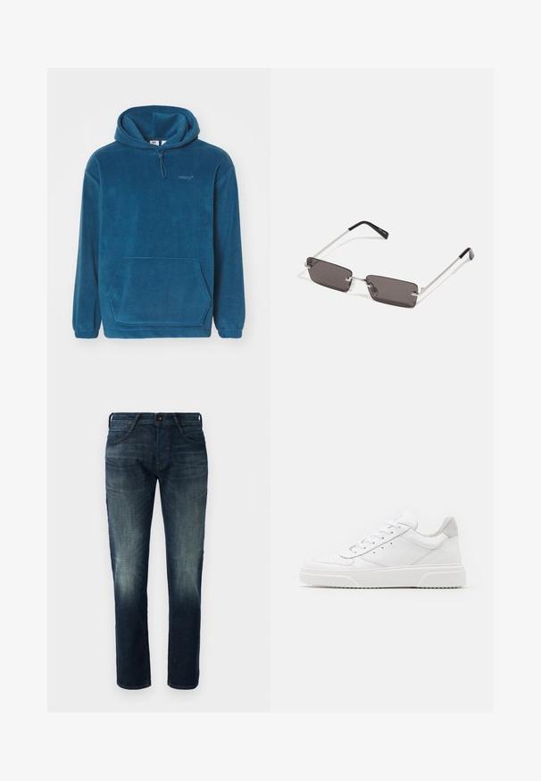 Fleece azul com capuz ajustável, bolso tipo canguru e punhos elásticos. Apresenta um logo discreto no peito.; Jeans de denim de perna reta azul-escuro com ligeira descoloração nas coxas e joelhos, fecho frontal com botão e zipper, e estilo de cinco bolsos.; Ténis brancos em pele com acabamento suave, biqueira arredondada, atacadores planos e sola texturizada. Acento em camurça cinza na parte do calcanhar.; Óculos de sol com lentes retangulares, cinzentas escuras, armações em metal prateado e pontas em plástico preto nas hastes. Design leve com almofadas para o nariz.