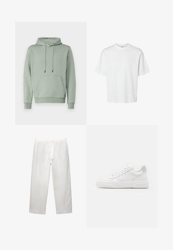 Jack & Jones JJEBRADLEY - Sweat à capuche - iceberg green; T-shirt en coton blanc à manches courtes, col rond et coupe décontractée. Texture lisse sans motifs ou accents visibles.; Pantalons en lin blanc avec une taille élastique et un cordon de serrage, conception à jambes larges et coutures nettes. Texture lisse avec une coupe décontractée.; Des baskets en cuir blanc avec une finition lisse, un bout rond, des lacets plats et une semelle texturée. Accents en daim gris au niveau du talon.
