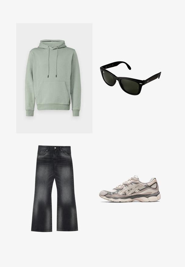 Jack & Jones JJEBRADLEY HOOD - Sweatshirt - iceberg green; Jean flare en denim noir avec un effet délavé, cinq poches et des coutures contrastées, présentant une ouverture de jambe légèrement large.; Baskets de sport gris clair avec une tige en mesh et en daim. Présente une semelle rembourrée, des superpositions prononcées et un design structuré.; Lunettes de soleil en plastique noir avec des verres vert foncé. La monture carrée présente des accents argentés et un logo en relief sur la branche.