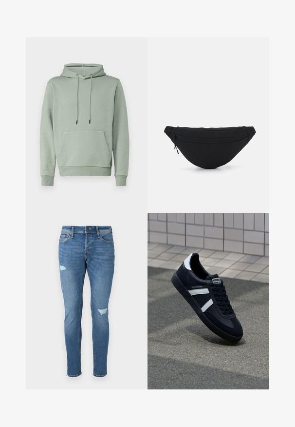 Jack & Jones JJEBRADLEY - Sweater - iceberg green; Vervaagde blauwe spijkerbroek met een slim fit, voorzien van versleten plekken op de knieën, een knoopsluiting en een ontwerp met vijf zakken.; Zwarte leren sneaker met witte strepen, een gestructureerde rubberen zool en vetersluiting aan de voorkant. Voorzien van een merklabel op de tong.; Zwarte stof heuptas met een afgeronde vorm, voorzak met rits en een gladde textuur. Geen zichtbare patronen of accenten. Lichtgewicht ontwerp.