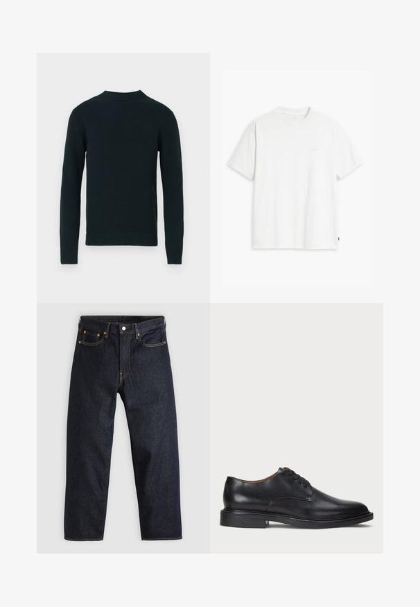 Svart langermet genser med rund hals, ribbede mansjetter, krage og kant, vist mot en enkel hvit bakgrunn.; Hvit bomull t-skjorte med korte ermer, rund hals og subtilt Levi's-logo trykt i midten. Myk tekstur og standard passform.; Mørkeblå denimjeans med rett snitt, fem lommer, kontrasterende oransjefarget søm, og glidelås med knapp. Ingen synlige mønster eller dekorasjoner.; Sorte skinnsko med rund tå, snøring og lav, stablet hæl. Glatt tekstur med minimale sømdetaljer.
