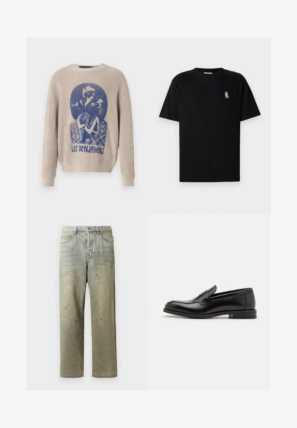 Beige Strickpullover mit blauem Grafikdesign einer Person, die eine Blume hält, und dem Text "Les Benjamins" auf der Vorderseite.; Schwarzes Kurzarm-T-Shirt mit Rundhalsausschnitt und kleinem gesticktem orangen Fuchs-Logo auf der linken Brust.; Distressed Denim-Jeans in Hellgrün, mit geradem Bein, Fünf-Taschen-Design und ungleichmäßiger Ausbleichung sowie Farbspritzern.; Schwarze Lederloafers mit glatter Textur, rundem Zehenbereich und einem dekorativen Riemen über dem Vorderfuß. Niedriger, gestapelter Absatz, minimalistisches Design.