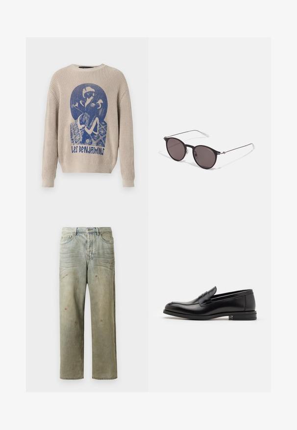 Beige neulepaita, jossa on sininen graafinen kuva henkilöstä, joka pitää kukkaa, ja teksti "Les Benjamins" edessä.; Vaaleanvihreät kulutetut farkut suoran lahkeen, viiden taskun muotoilun ja epätasaisen haalistumisen sekä maalikohoumiin kanssa.; Mustat nahkakengät, joissa on sileä pinta, pyöreä kärki ja koristeellinen nauha jalkapöydän yli. Matala pinoitu koroke, minimalistinen muotoilu.; Musta pyöreä aurinkolasit tummilla linsseillä ja kapeilla metallikehyksillä. Sisältää kirkkaat temppelet ja hopeiset yksityiskohdat saranassa. Minimalistinen muotoilu.