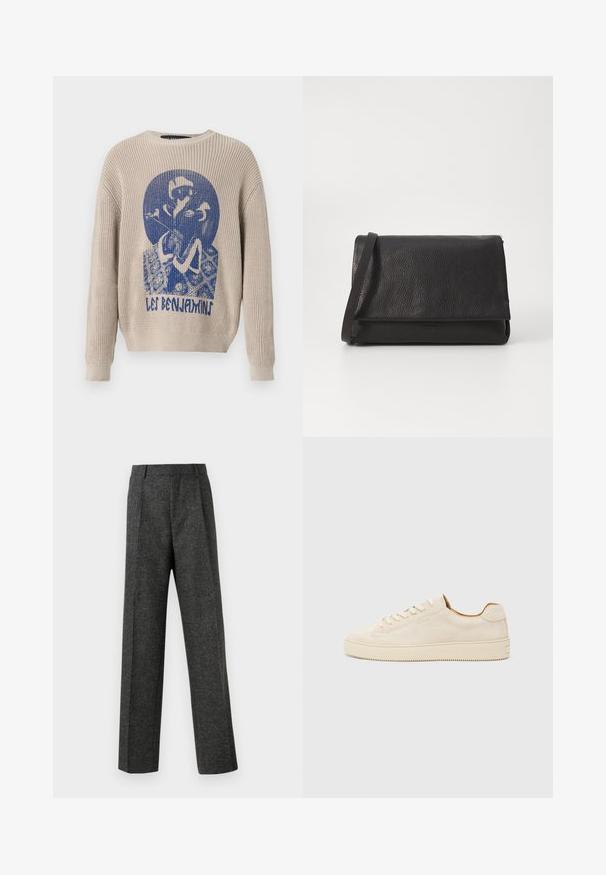Beige strikkegenser med blå grafikk av en person som holder en blomst og teksten "Les Benjamins" på forsiden.; Grå skreddersydde bukser laget av teksturert stoff, med to frontpleater og rette ben. Ingen synlige lommer eller dekorasjoner.; Beige semsket sportssko med lav topp, rund tå, flate lisser og en teksturert gummisåle. Minimalistisk stil uten synlige logoer.; Svart skinn clutch-veske med teksturert overflate, fold-over klaff og en slank skulderreim, med minimalistisk design og uten synlig maskinvare.