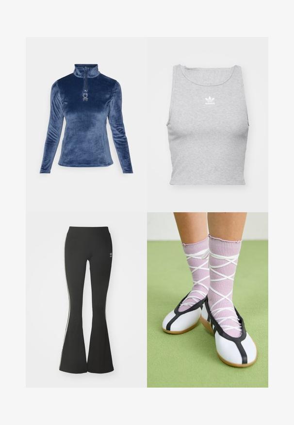 Spyder SHIMMER BUG 1/2 ZIP - Fleece trui - true navy; Grijze, mouwloze crop top gemaakt van een zachte stof, met een ronde halslijn en een klein wit Adidas-logo op de borst.; Zwarte flared leggings van rekbare stof, voorzien van een hoge tailleband en witte zijstrepen. Inclusief klein logo op de taille.; Witte platte schoenen met een zwarte bies en zool, gecombineerd met lichtpaarse geribde sokken met witte kruislings banden. Geplaatst op een groene achtergrond.