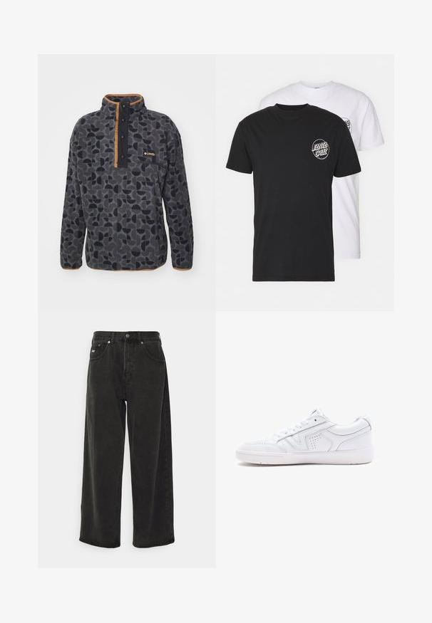 Columbia HELVETIA - Fleece trui - black retroscape; Set van twee t-shirts: één zwart, één wit. Beide hebben korte mouwen en een circulair logo op de borst in contrasterende kleur. Gemaakt van katoen.; Obey Clothing BIGWIG BAGGY - Baggy jeans - black; Witte leren sneaker met een laag ontwerp, ronde neus, perforaties en een gestructureerde zool. Veters en subtiele stiksels zijn inbegrepen.