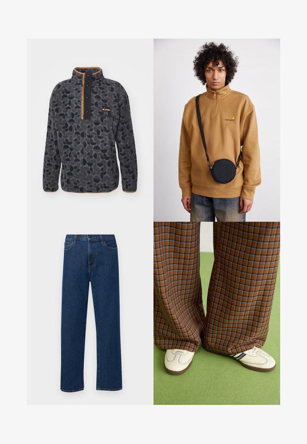 Columbia HELVETIA - Flisinis džemperis - black retroscape; Tamsiai mėlynos tiesaus žandikaulio džinsai su priekinėmis kišenėmis ir mygtuko uždarymu, rodantys ant paprasto balto fono.; Rudos ir mėlynos langelinės plačios kelnės, derinamos su baltais batais su juodais akcentais ir tekstūruotais padais, prieš žalią foną.; Rudas ketvirčio užtrauktuko vilnos švarkas su siuvinėtu logotipu, derinamas su juodu apvaliu per petį nešiojamu krepšiu su užtrauktuku ir logotipo detale, dėvimas virš džinsų.