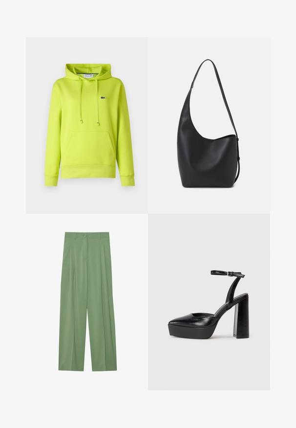 Sweatshirt com capuz verde brilhante, com um bolso frontal, cordões ajustáveis, punhos canelados e um pequeno logotipo no peito. Textura suave.; Calças largas verdes feitas de tecido suave. Apresentam pregas na frente, um fecho de botão único e passantes para cinto.; Saltos altos pretos com bico fino e atilho ajustável no tornozelo. Confeccionados em couro suave, apresentam um salto bloco robusto.; Saco hobo preto em pele com uma textura lisa, forma curva e uma única alça ajustável; apresenta uma abertura larga na parte de cima.